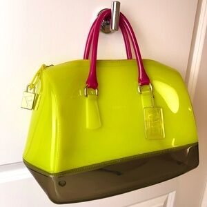 Furla Candy Bag Neon Multicolor Jelly Satchel Rubber Rare Padlock Italy
